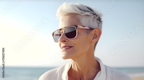 A woman with white hair and sunglasses on the beach hand drawn cartoon style on white  background