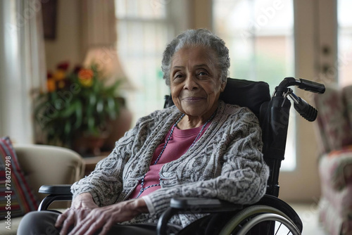 Senior woman in wheelchair receiving care and support at home photo