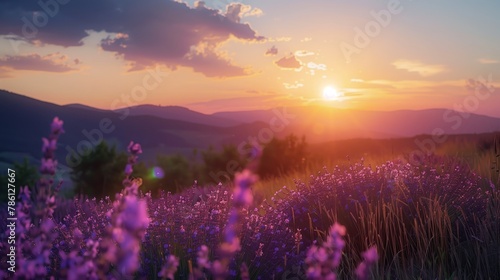 Sunset Over Hilly Lavender Fields in Bloom