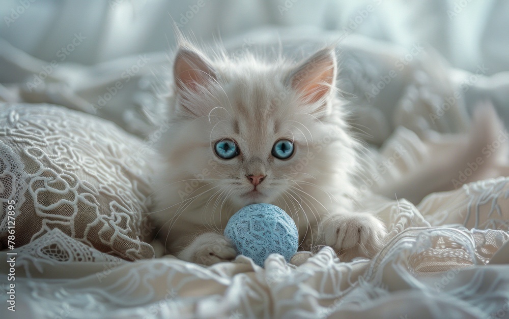 Cute fluffy white kitten with blue eyes on a lace pillow plays with a blue ball Cute fluffy white kitten with blue eyes on a lace pillow plays with a blue ball