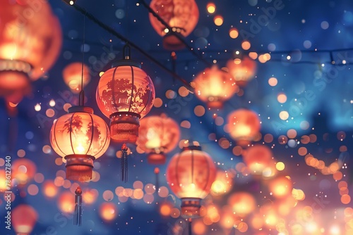 A bunch of orange lanterns hanging from the ceiling