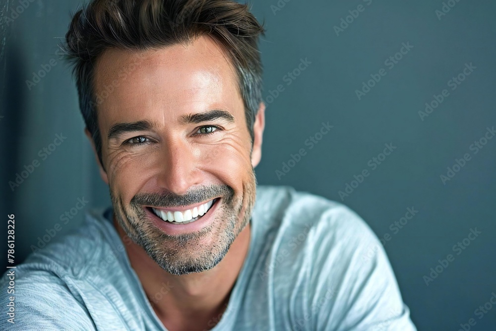 Protective man with white toothy smile showing hand Protective man with white toothy smile showing hand