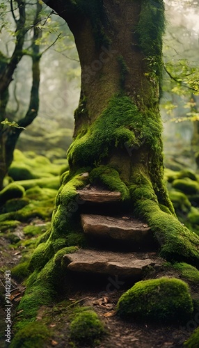 AI generated illustration of moss-covered stairs leading to a tree in a forest