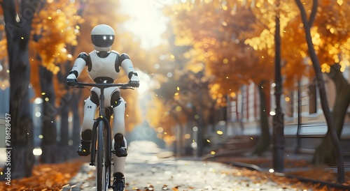 Robot on bike in fall street. Hand-drawn cartoon illustration on transparent background