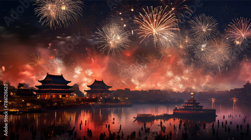 Fireworks and Festivities Photograph of Chinese new year fireworks celebrations on the chinese temple background photo