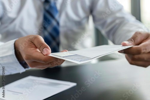 Businessperson giving paycheck compensation cheque in exchange for money photo