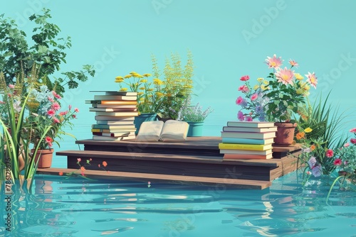 A dock with a pile of books and a few potted plants