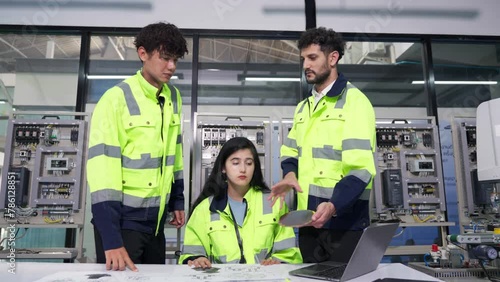 Group of multiethnic engineer researching and developing a robotics arm in scientific technology laboratory. Technician examining Industrial robot machine. Automated and manufacturing factory concepts