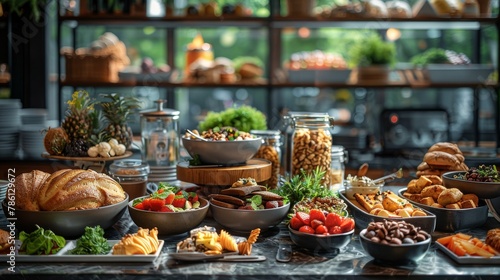 a grand brunch buffet spread, including a smoothie bowl bar with various toppings like nuts, seeds, and fruits