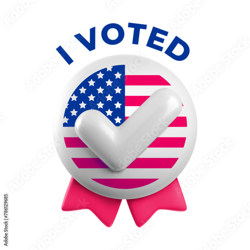 Vector I Voted Badge. Realistic 3d USA election voting round badge with white checkmark tick on circle, American flag background and red ribbons. US 2024 presidential election sign 3d render.
