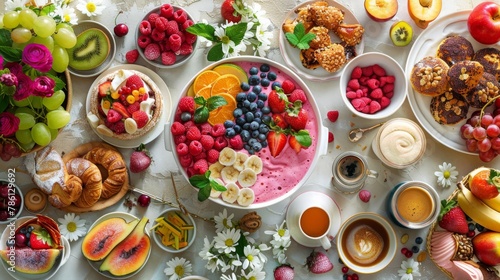 a luxurious brunch spread, featuring a vibrant smoothie bowl center stage, surrounded by assorted pastries, fresh fruits, and gourmet coffees on an elegantly set table, top view photo