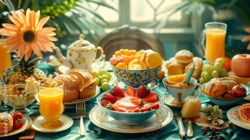 a luxurious brunch spread, featuring a vibrant smoothie bowl center stage, surrounded by assorted pastries, fresh fruits, and gourmet coffees on an elegantly set table