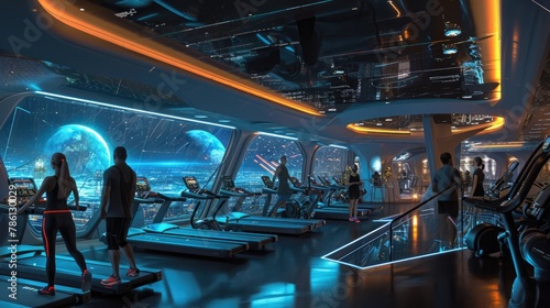 A futuristic gym with AI-guided exercise routines, overlooking a bustling spaceport photo