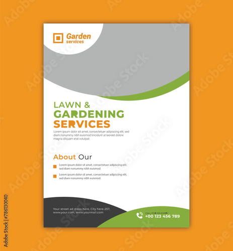 Lawn and gardening service flyer design template. Tree and gardening service poster leaflet design. lawnmower flyer template