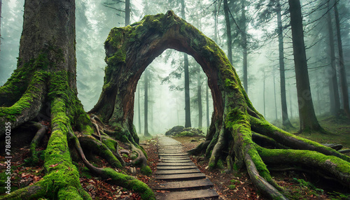 Abstract arch made of tree roots on forest path. Mysterious portal to another world, magical place.