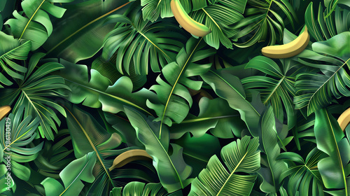 Beautiful seamless pattern with ropical jungle palm, monstera, banana leaves. photo