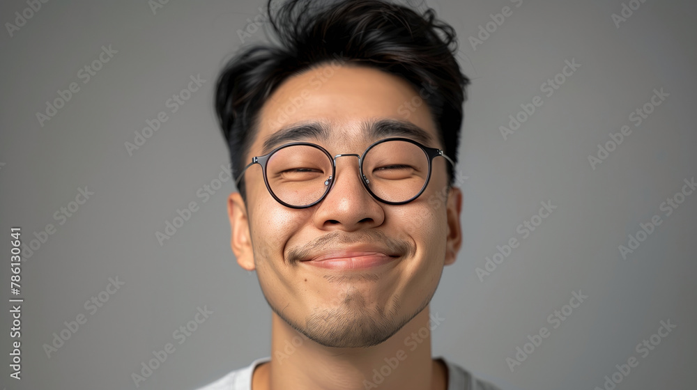 A Asian man with glasses is smiling and looking at the camera. Concept of happiness and confidence. a Asian hipster man, with a warm smile, wearing stylish glasses, in a tee, gray background