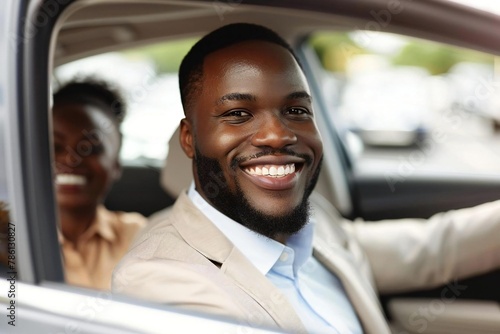 Happy African American man driving car, smiling widely photo