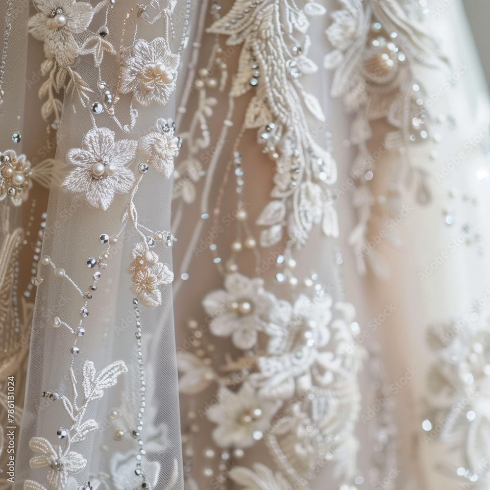 Close-Up of Delicate Wedding Dress Details with Lace and Embroidery Close-Up of Delicate Wedding Dress Details with Lace and Embroidery