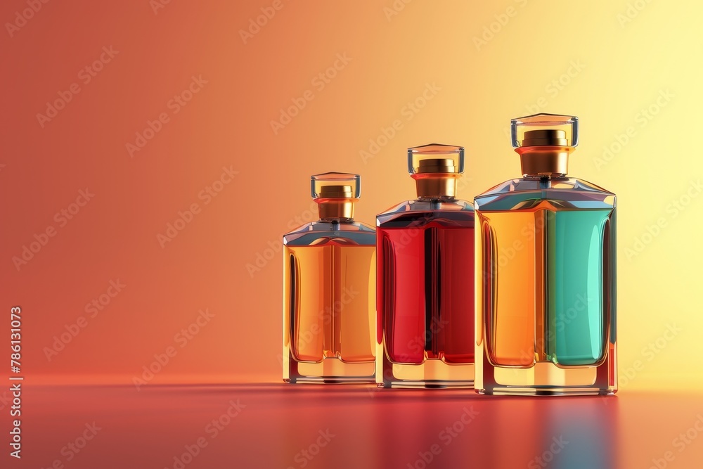 bottles of perfume are lined up on a table, each with a different color bottles of perfume are lined up on a table, each with a different color