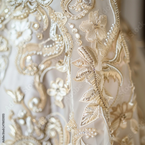 Close-Up of Delicate Wedding Dress Details with Lace and Embroidery