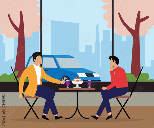 People eat and talk at a cafe in the city