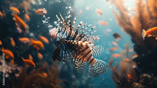 Beautiful predatory Lion Fish swimming underwater in search of prey photo
