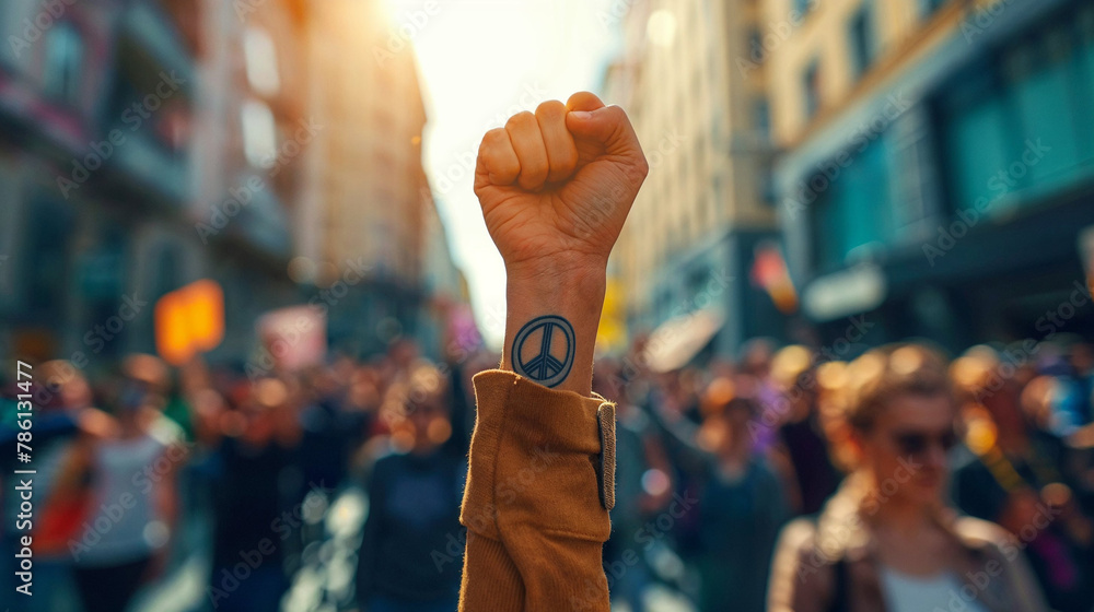 Raised Fist in a Crowded Street Demonstrating Unity and Power - obrazy, fototapety, plakaty 