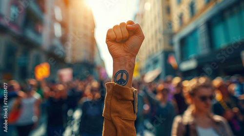 Raised Fist in a Crowded Street Demonstrating Unity and Power