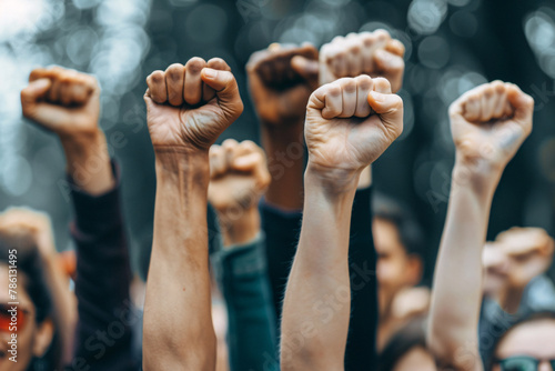 protest and demonstration concept - people hands up in fists photo