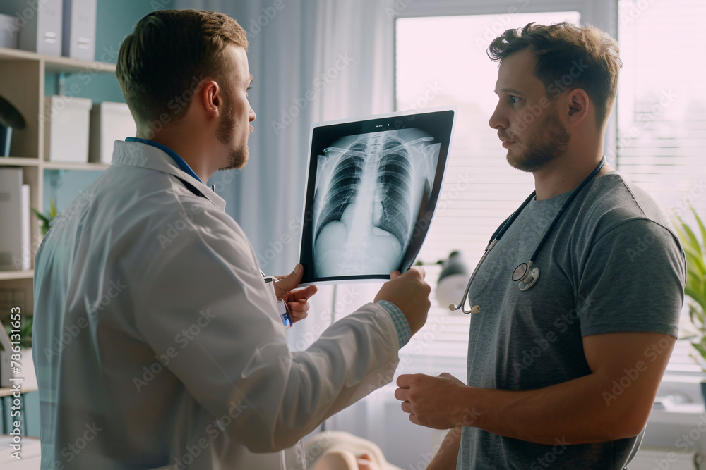Obraz premium two male doctors looking at x-ray of patient