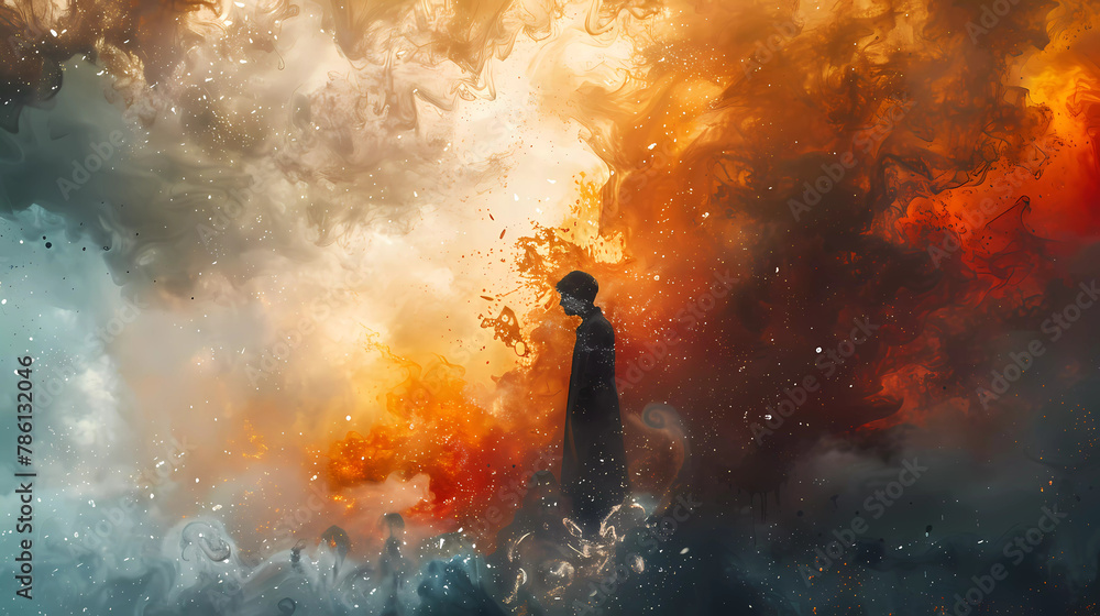 Fototapeta premium Solitary Figure Amidst Cosmic Chaos