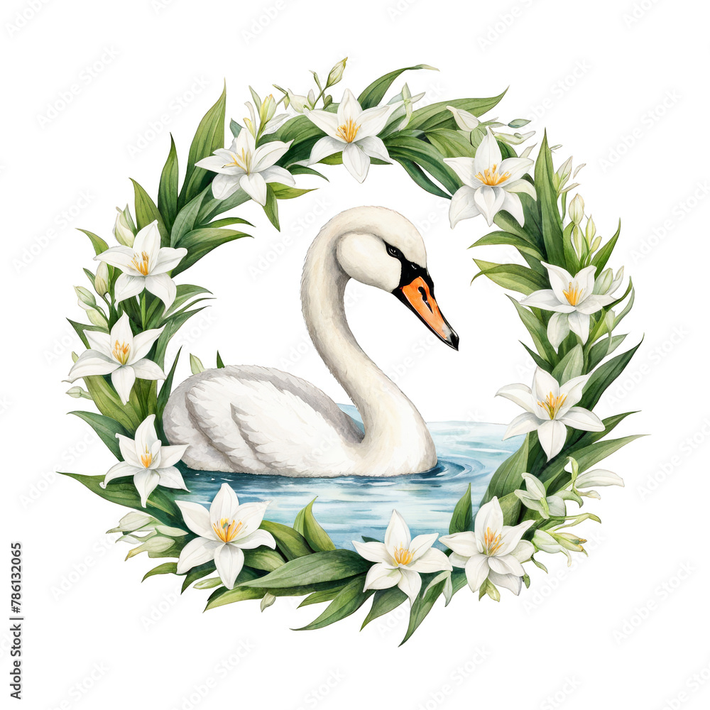 Fototapeta premium Swan swimming with lilies and leaves wreath around watercolor illustration, clipart, floral decoration element, isolated, animal bird, cute