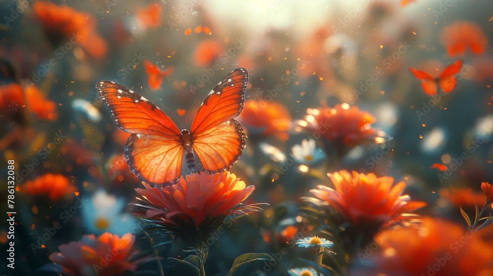AI generated illustration of an orange butterfly hovers above a meadow of flowers AI generated illustration of an orange butterfly hovers above a meadow of flowers
