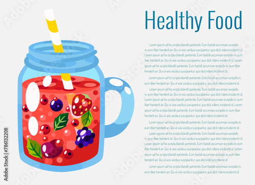 Chia seed mango strawberry pudding vector illustration. Healthy eating. © Svetlana