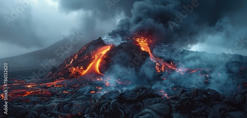  lava erupting from a volcano, with molten rock shooting into the air against a dark, ash-filled sky. 