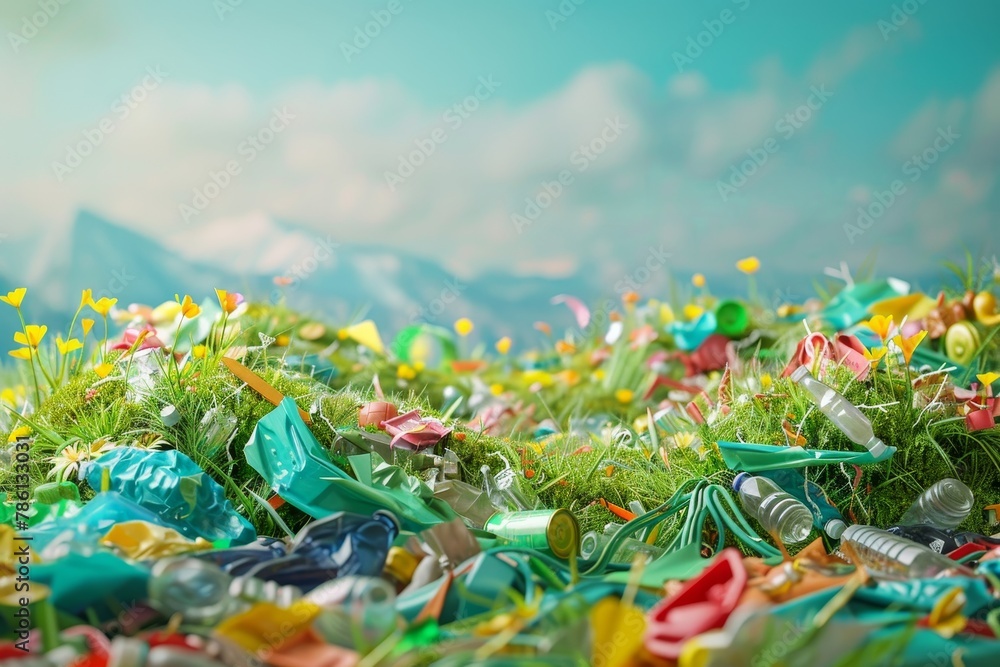 A field of flowers filled with plastic waste with a river running through it