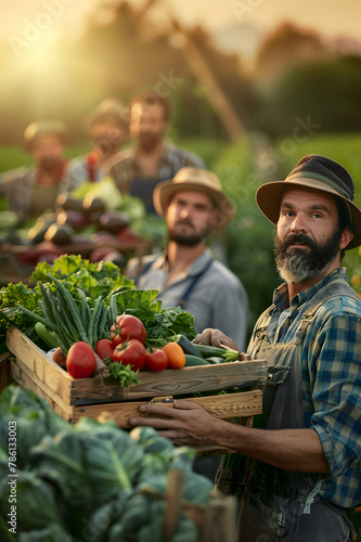 Group of farmers holding wooden boxes full of fresh vegetables standing in the field with sunset. Concept of healthy lifestyle, local farming and sustainability.