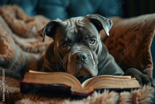 Dog Relaxing on Couch Reading Book
