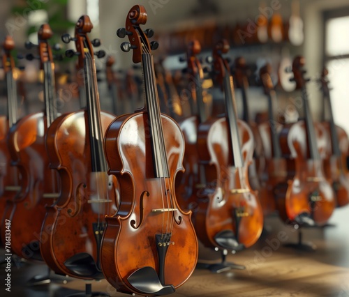 A group of violins on a store window, arranged in a row. Low angle view.