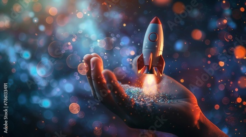 Hand holding rocket on dark background with glowing particles and bokeh lights. The concept of innovative business startup  success.