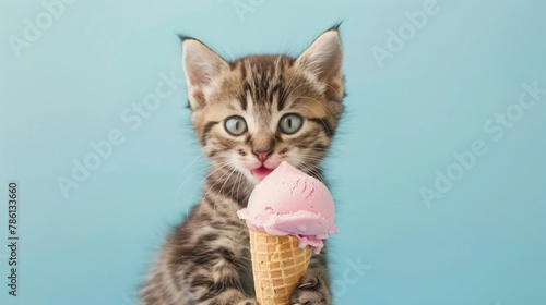 A cute striped kitten holds an ice cream cone in his paws. Blue background.