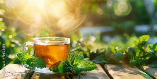 Glass cup of tea with fresh mint leaves on a wooden table, with a blurred garden background and sunlight.