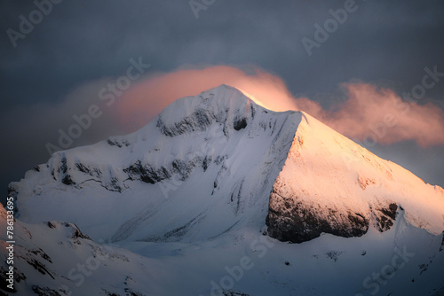 Sunset over mountain in French Alps. Mont Charvin, Aravis
