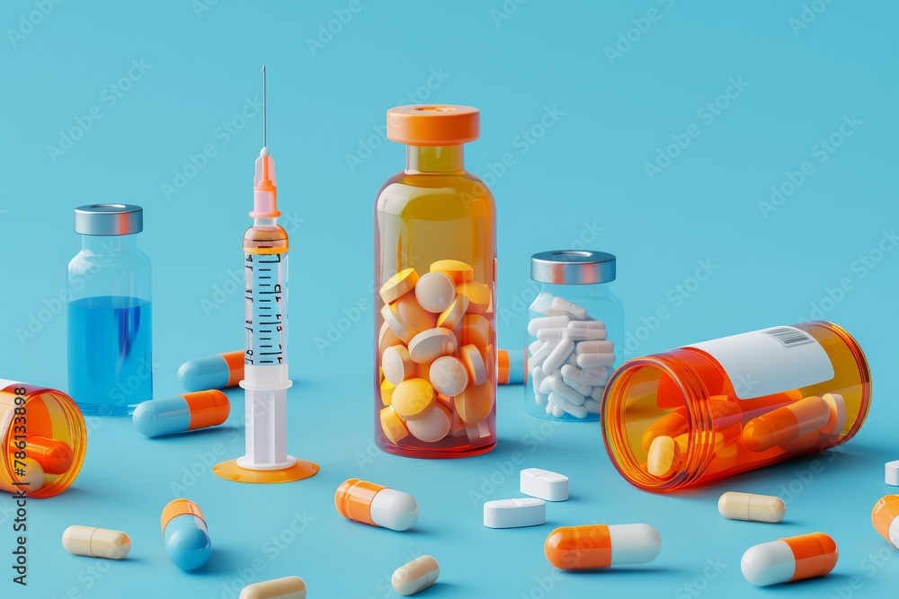 A colorful array of pills and bottles on a background A colorful array of pills and bottles on a background