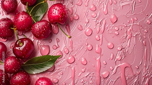 Fresh red cherries on a pink background with water drops, closeup. Copy space. Top view.