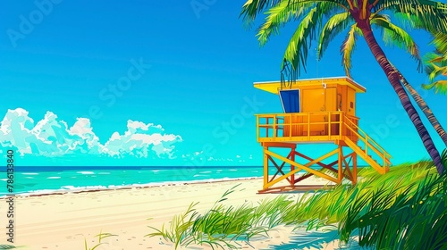 Illustration of a yellow wooden lifeguard booth on a tropical sandy beach under palm trees. Image for leisure and travel