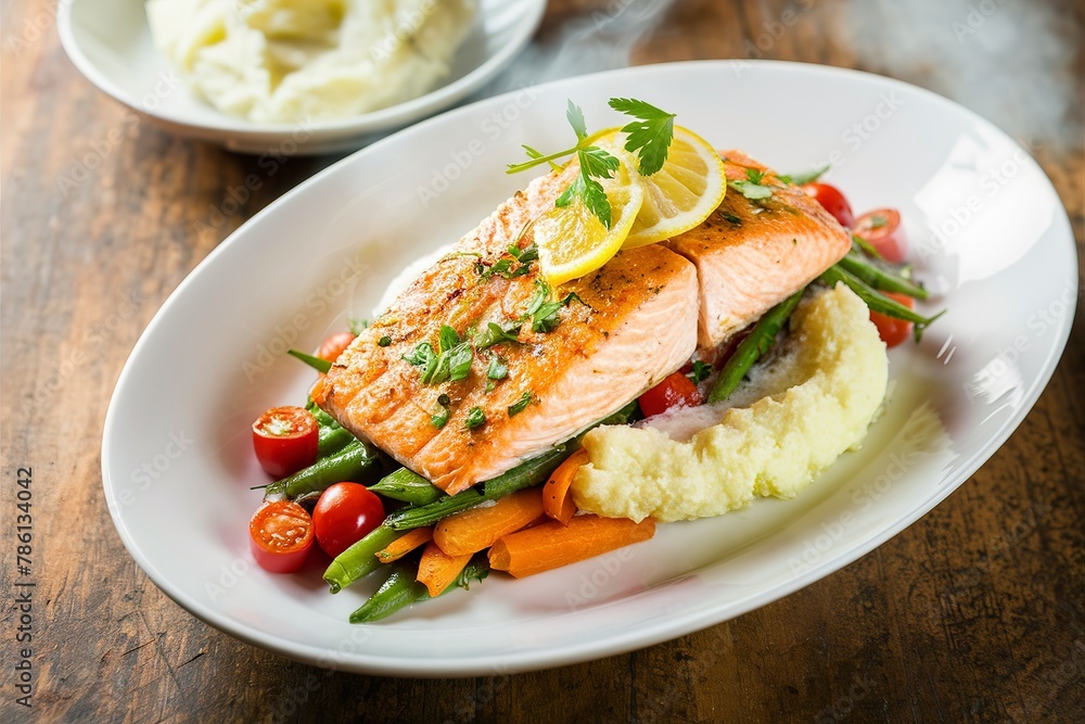 Roasted salmon with vegetables and mashed potatoes