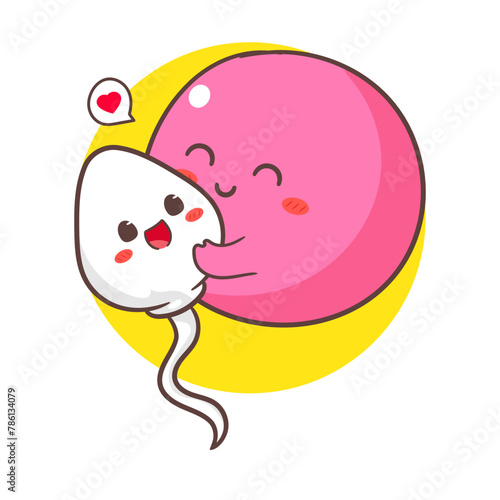 Cute sperm and egg cell cartoon character. Health concept design. Vector art illustration