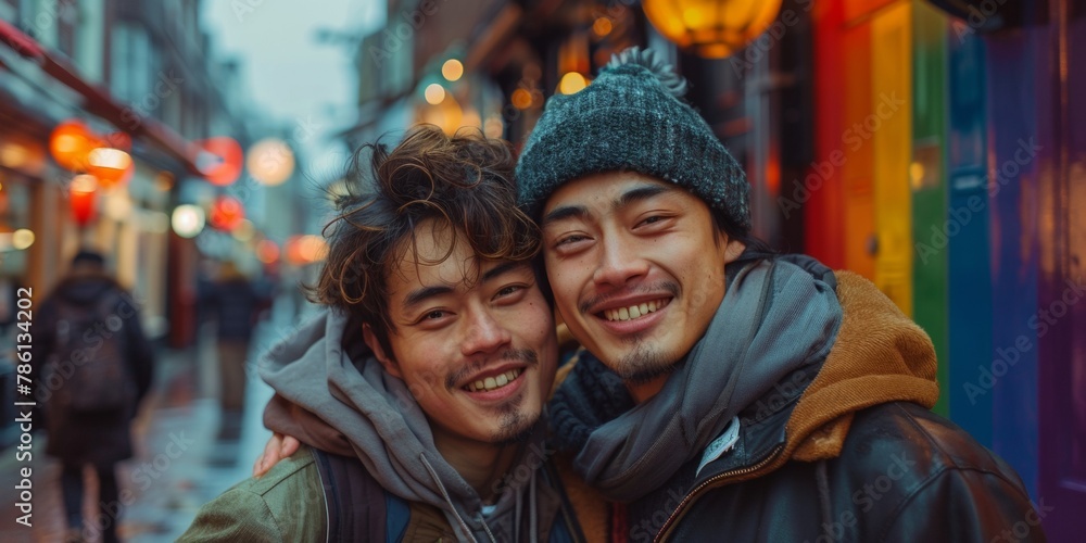Two happy friends, gay couple, enjoying a day in the city, smiling and laughing together. Two happy friends, gay couple, enjoying a day in the city, smiling and laughing together.